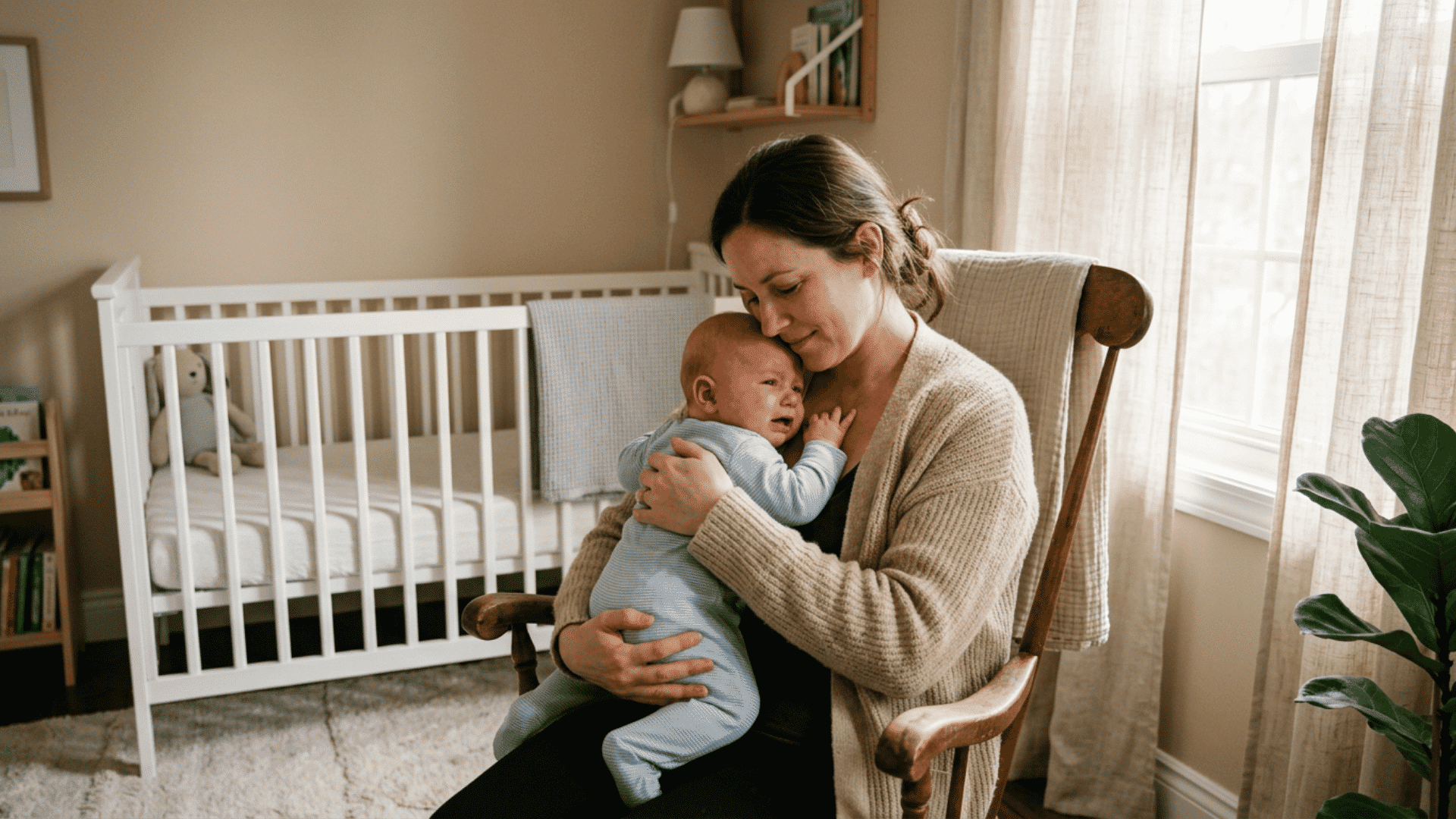 mother comforts a crying baby while seated in a wooden chair beside a white crib
