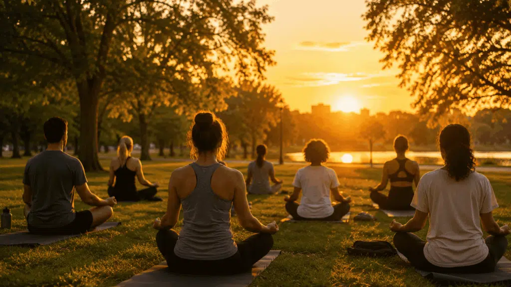 Group of adults meditating on yoga mats in a peaceful park during a warm golden sunset.