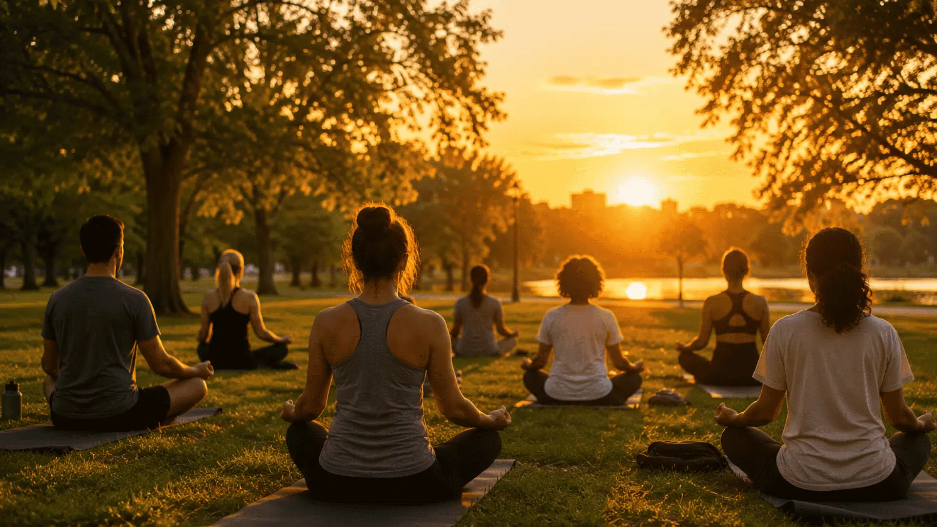 Group of adults meditating on yoga mats in a peaceful park during a warm golden sunset.