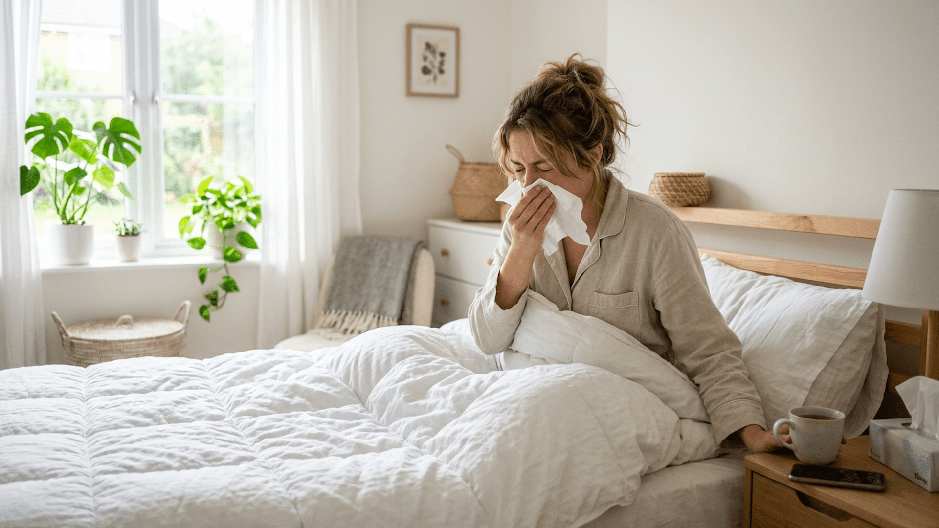 Woman sneezing into a tissue while sitting in a clean bed with white bedding.