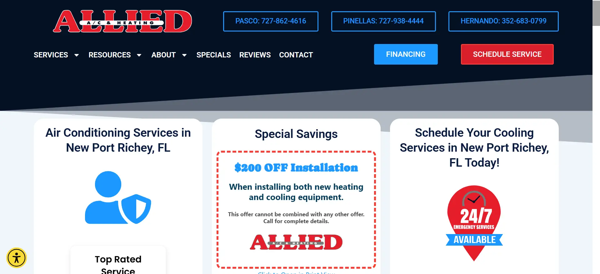 Website design with HVAC service offers and contact information in a blue and red color scheme