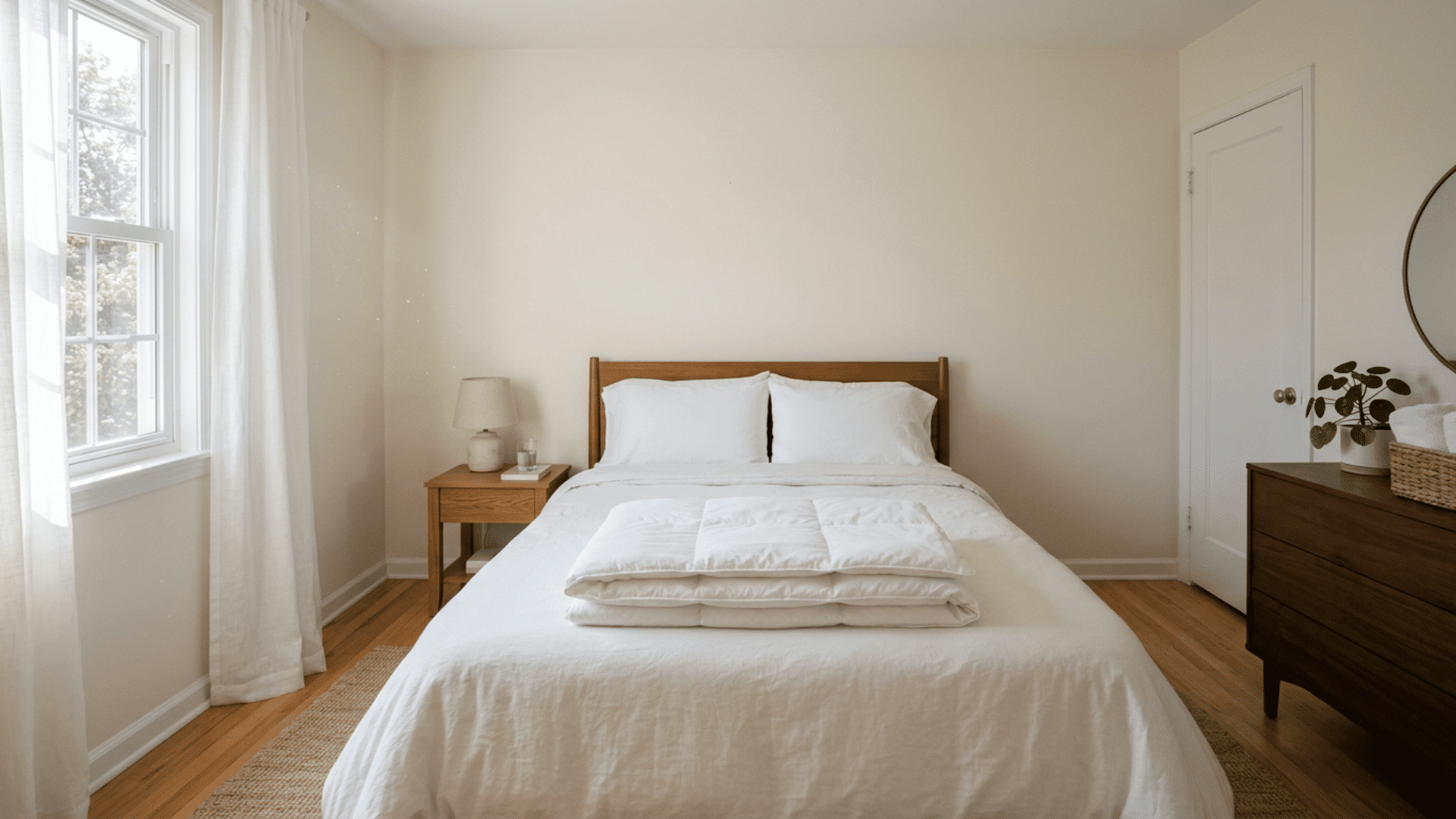 Unused guest room with a neatly folded comforter in a clean, bright bedroom.