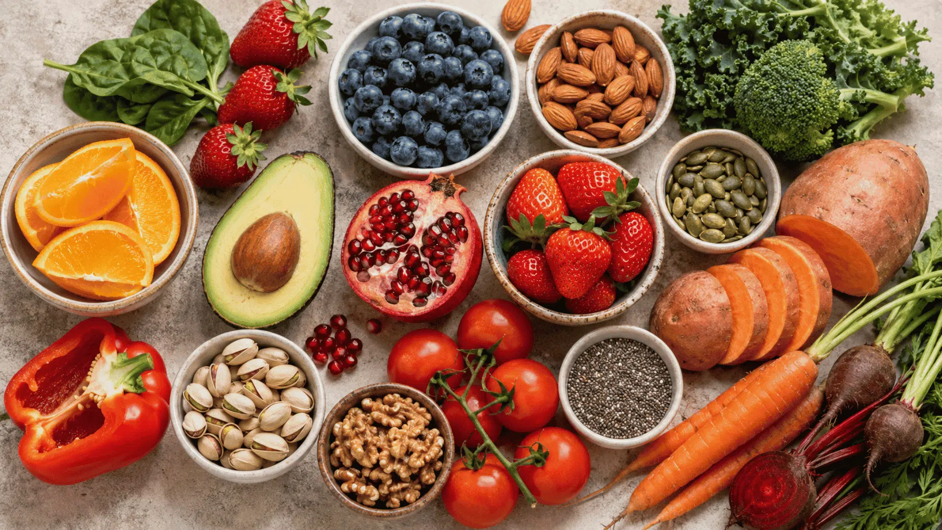 colorful anti-aging foods arranged in bowls on a light stone surface