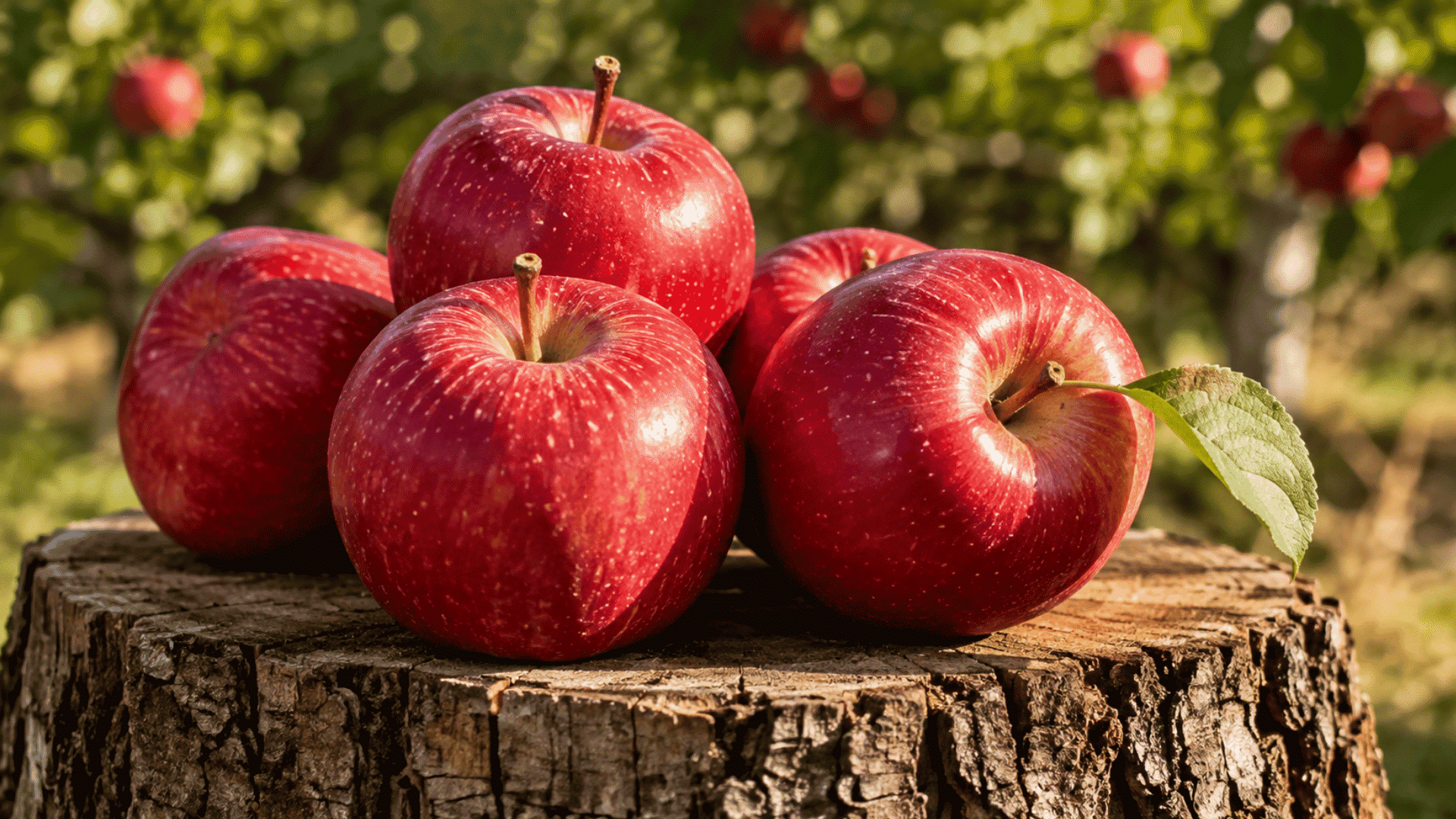 ripe red apples with a green leaf arranged on a tree stump