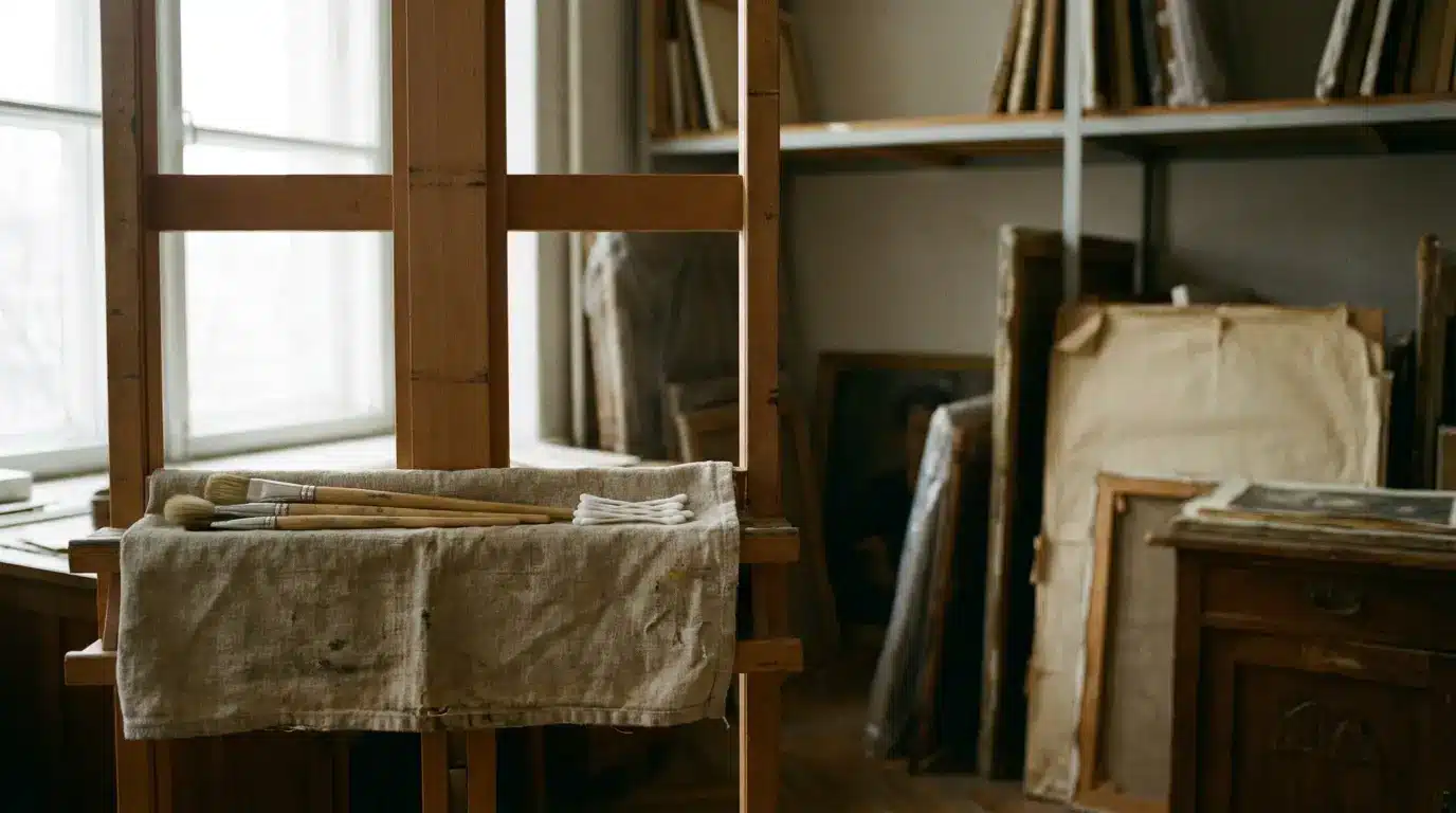 Art studio with paintbrushes on easel and canvases stacked in the background