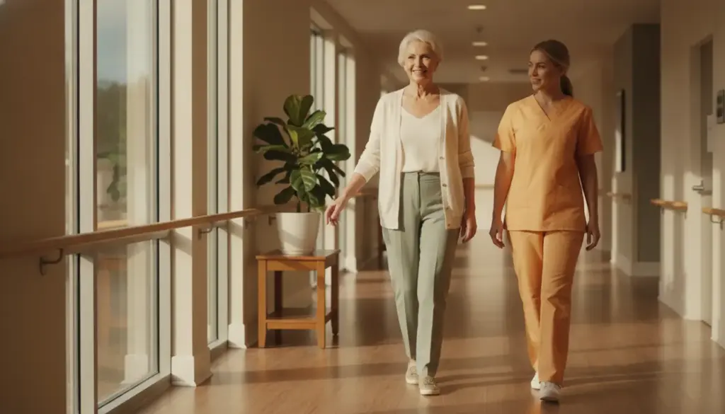 Woman and nurse walking together in a bright hallway with large windows and potted plant