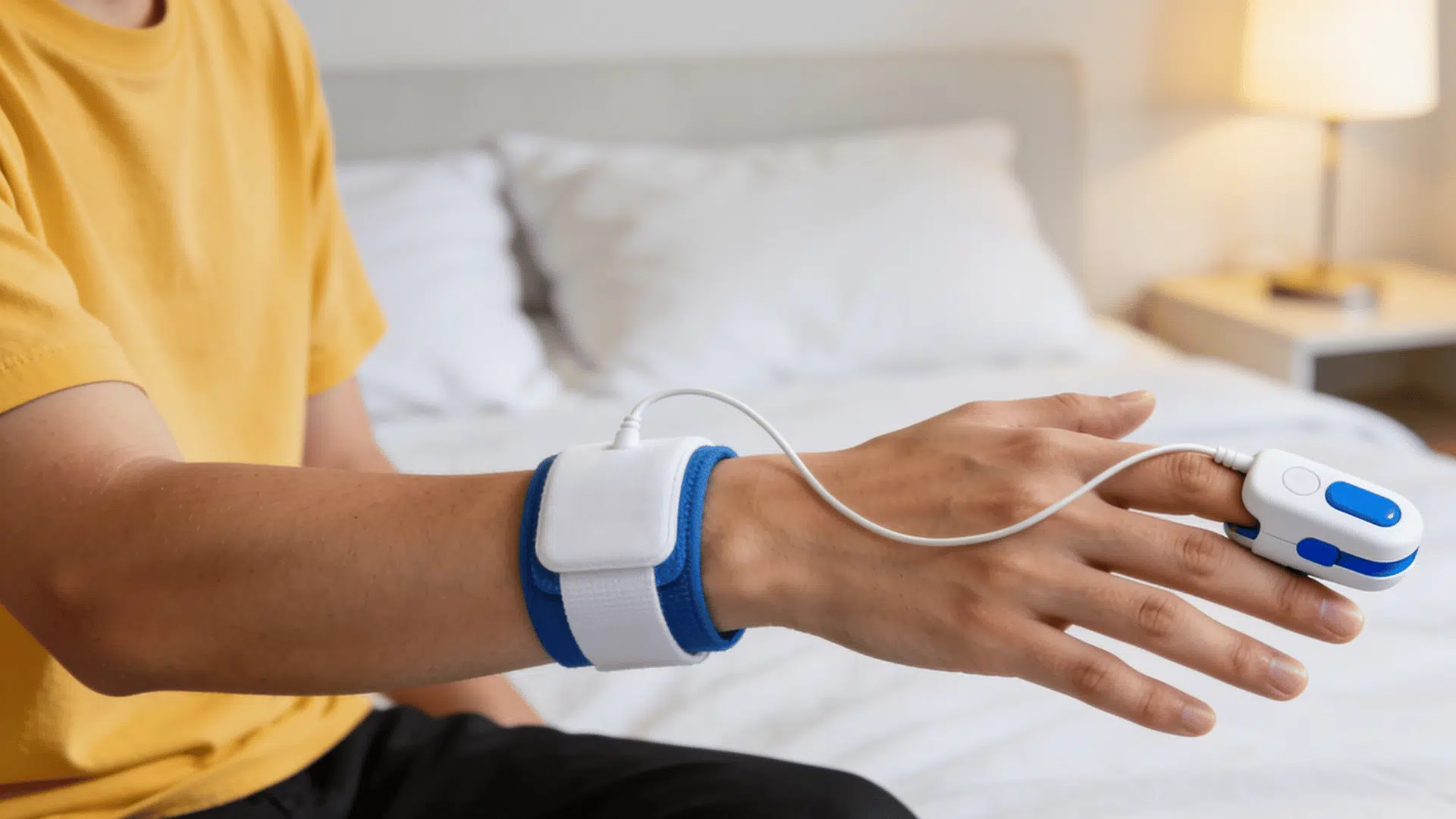 Person wearing at home sleep study device with wrist monitor and finger clip