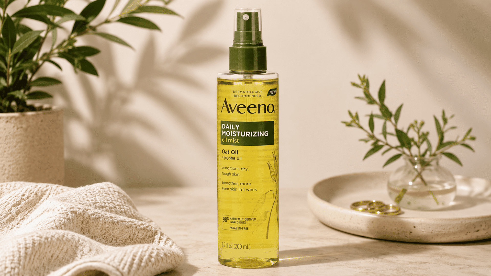 Aveeno Daily Moisturizing Oil Mist bottle displayed on a neutral surface with greenery, a cream towel, and minimal spa décor.