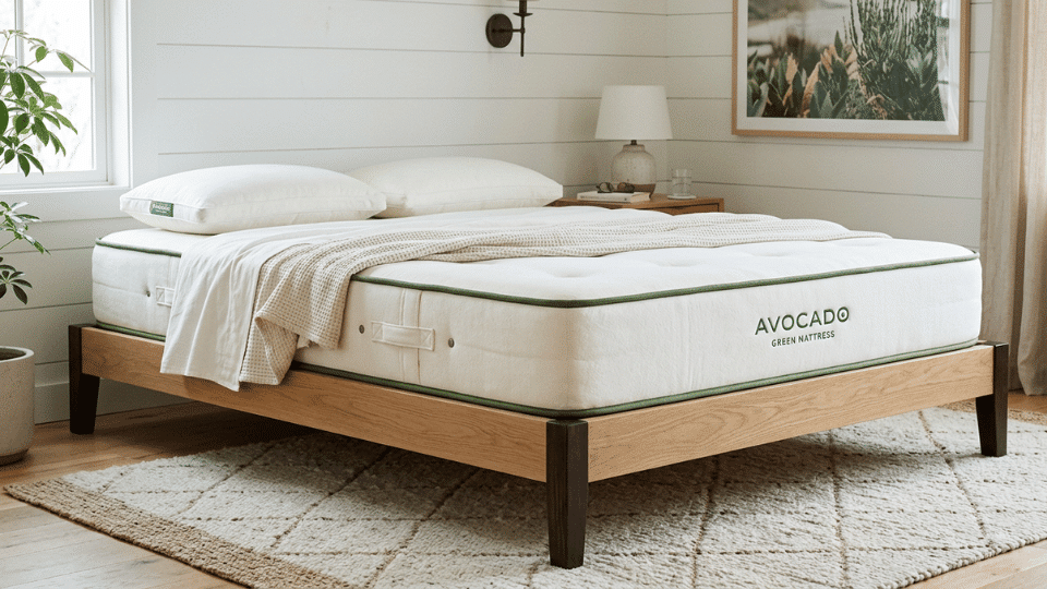 Avocado Green Mattress on a wooden bed frame