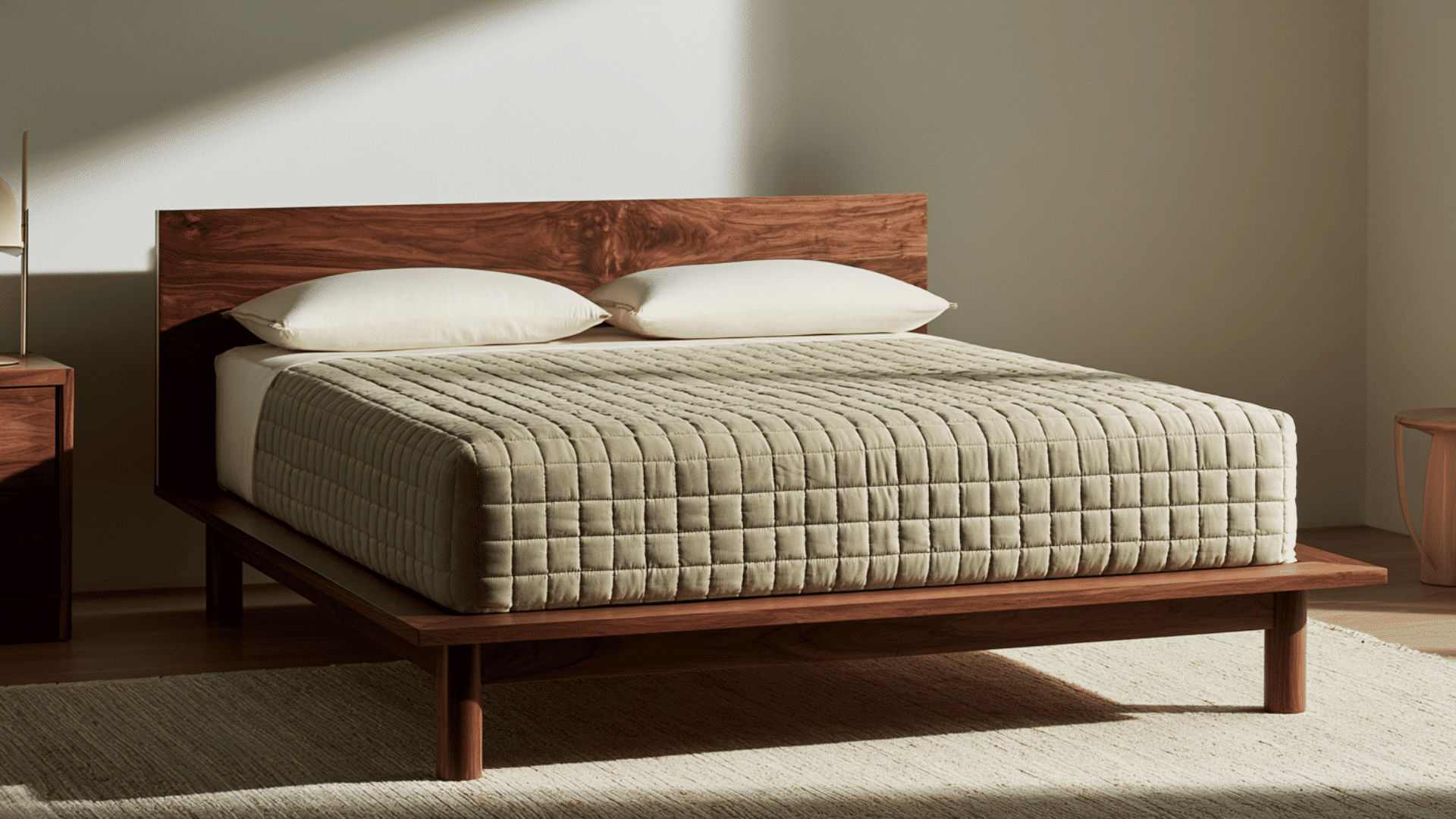 Avocado Green mattress on a dark platform bed in a clean, bright modern bedroom.