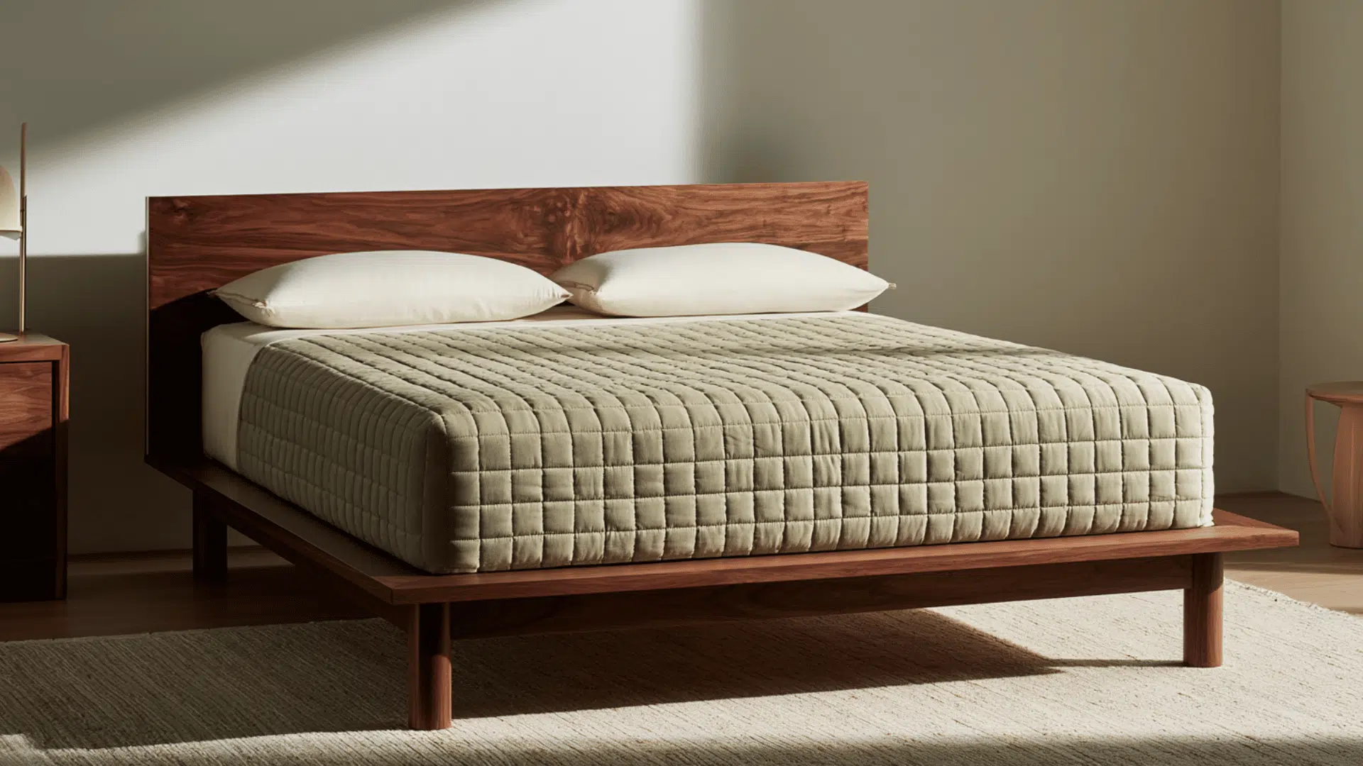 Avocado Green mattress on a dark platform bed in a clean, bright modern bedroom.