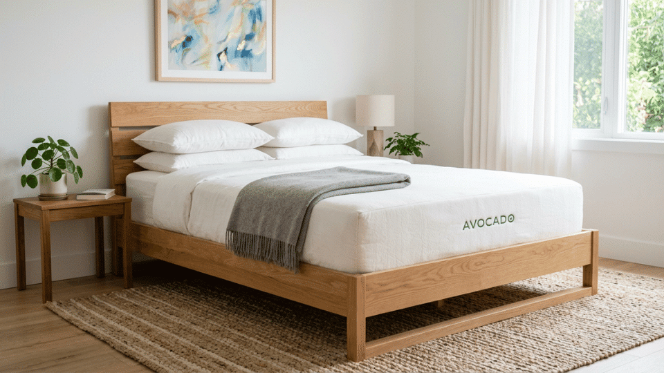 Avocado Organic Hybrid Mattress on a wooden bed frame in a bright, modern bedroom.
