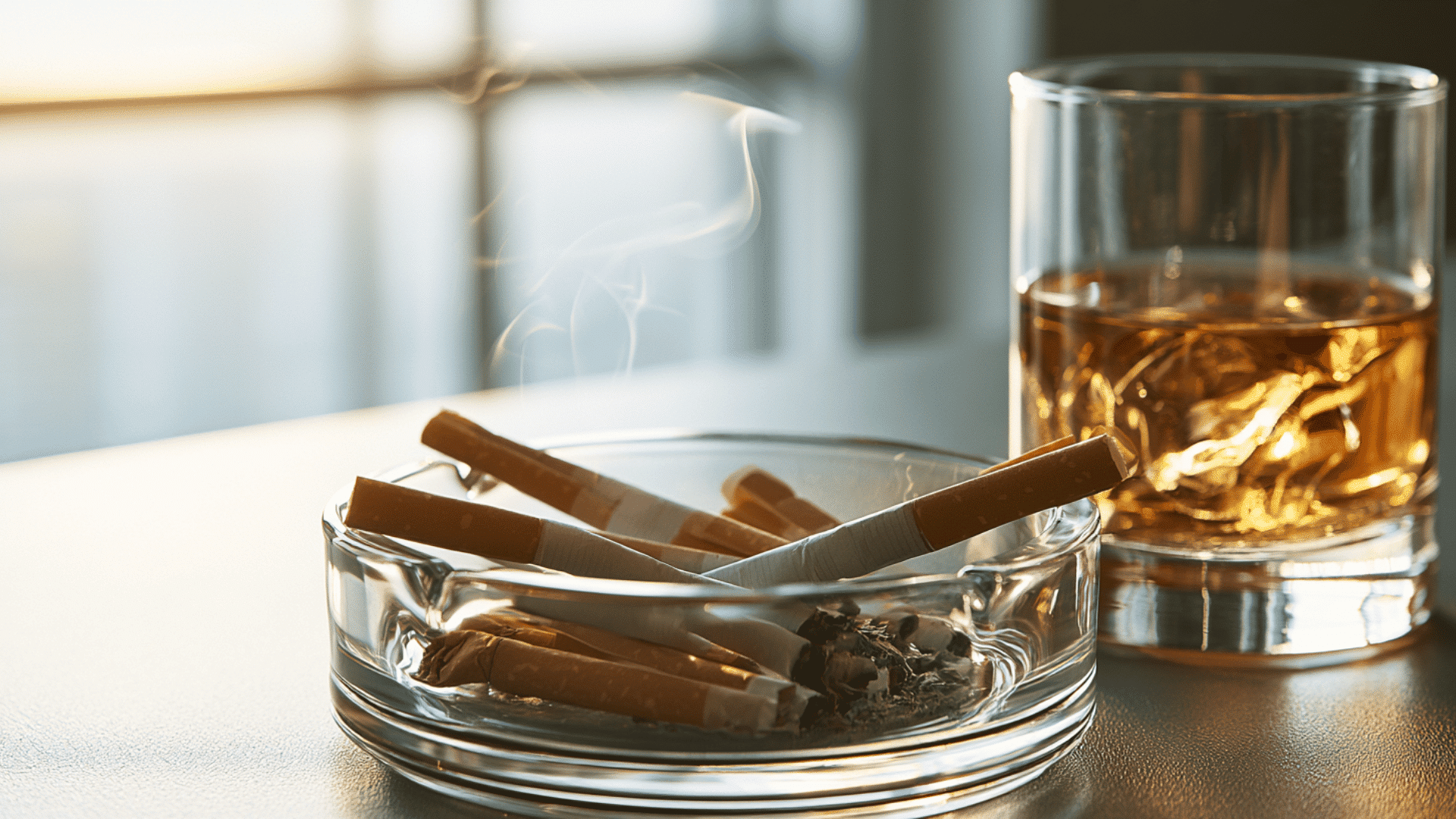 Cigarettes in an ashtray beside alcohol representing harmful lifestyle habits.