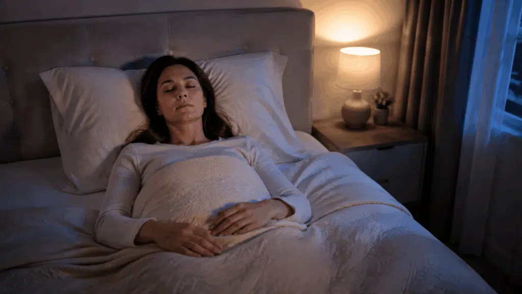 Woman sleeping peacefully on her back in a softly lit bedroom.