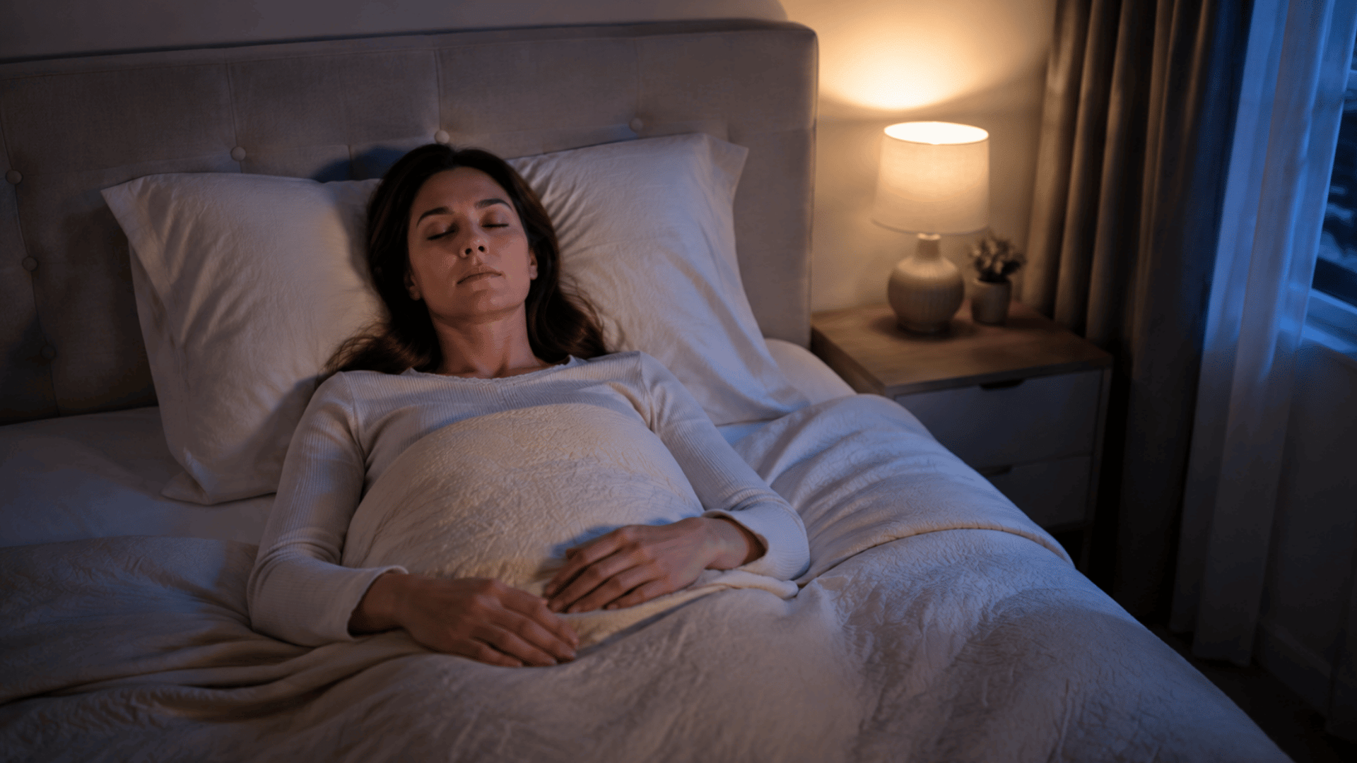 Woman sleeping peacefully on her back in a softly lit bedroom.