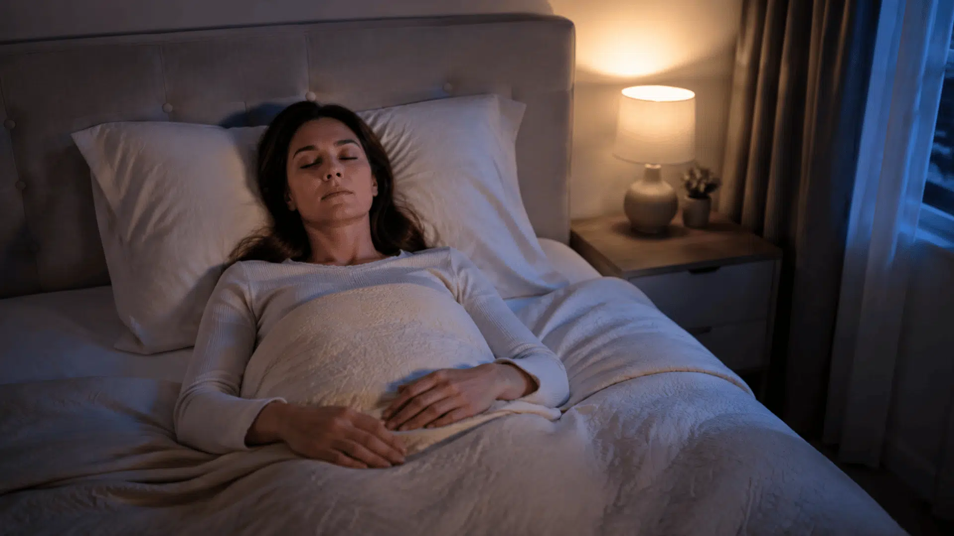 Woman sleeping peacefully on her back in a softly lit bedroom.
