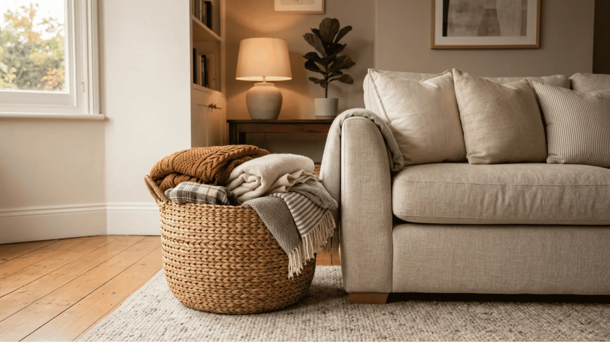 Woven basket filled with folded throw blankets beside a cozy sofa and soft rug.