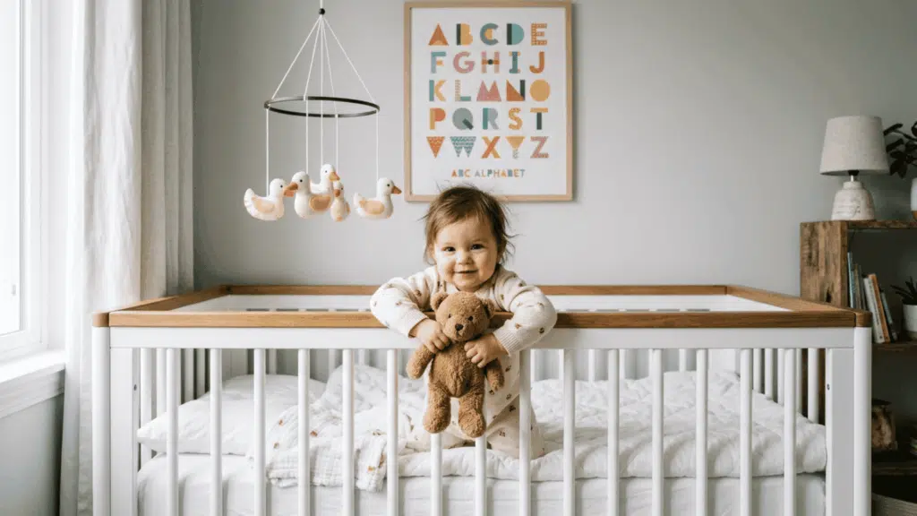 baby sleeping in a white crib with nursery decor and teddy bear