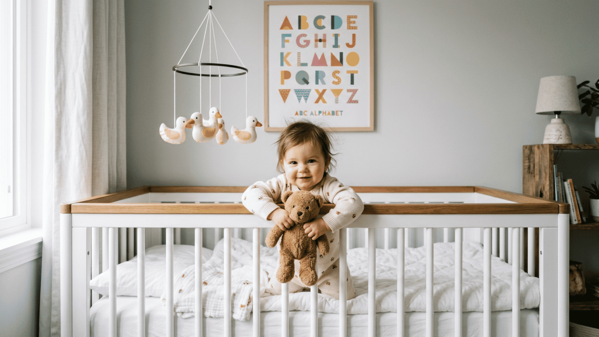 baby sleeping in a white crib with nursery decor and teddy bear