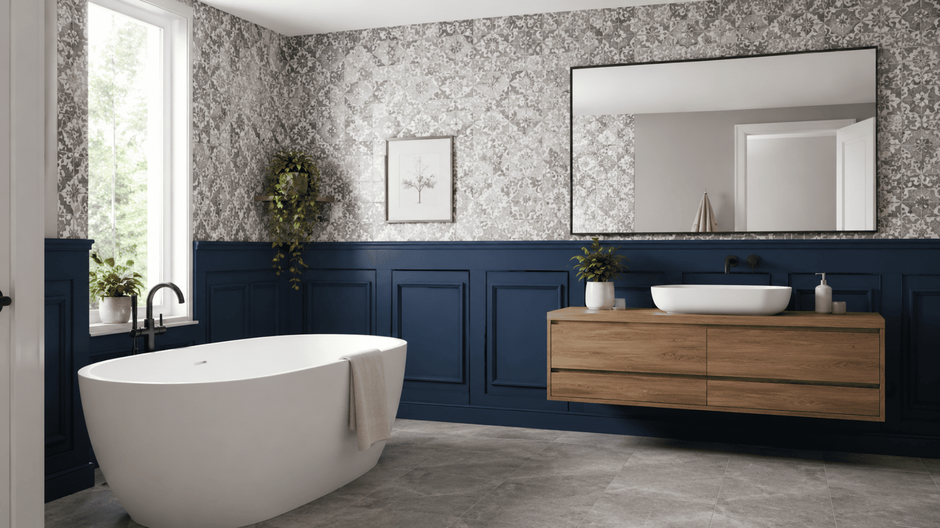 bathroom with patterned gray wall tiles, navy paneling, tub, and wood vanity
