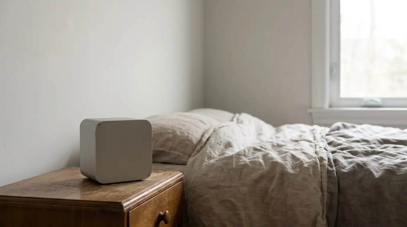 Beige linen-covered bed beside wooden nightstand with small square device in bright bedroom