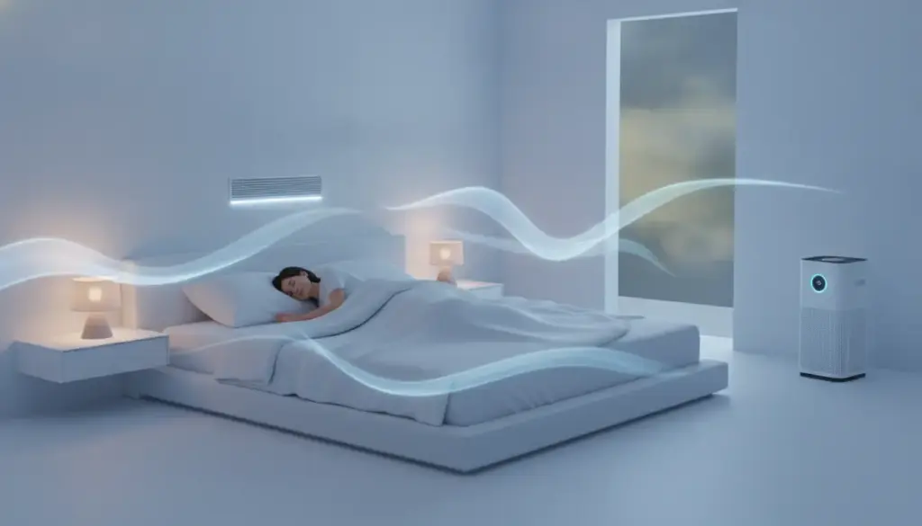 Person sleeping in a modern bedroom with an active air purifier and light flow illustration