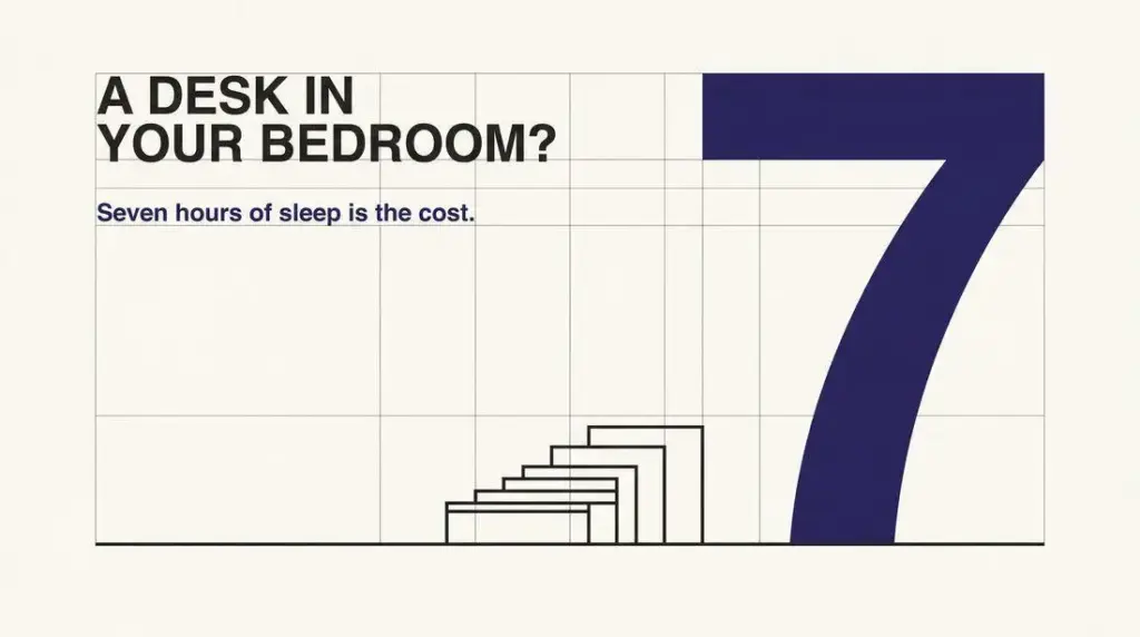 Large number seven with graphic lines on white background and text about sleep and bedroom desks