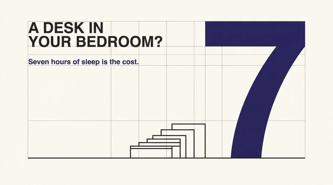 Large number seven with graphic lines on white background and text about sleep and bedroom desks