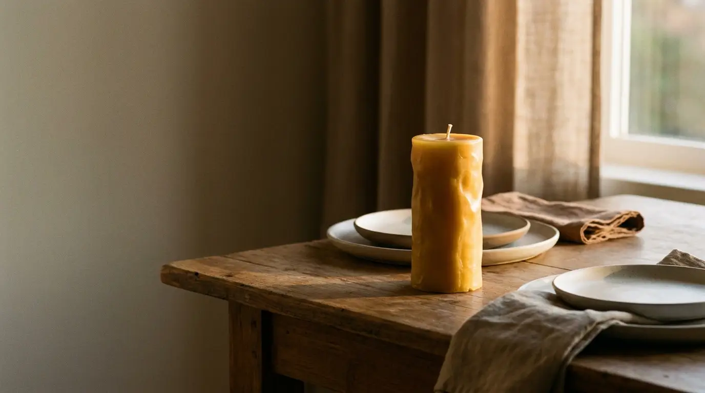 Yellow pillar candle on rustic wooden table with ceramic plates and linen napkins in soft lighting