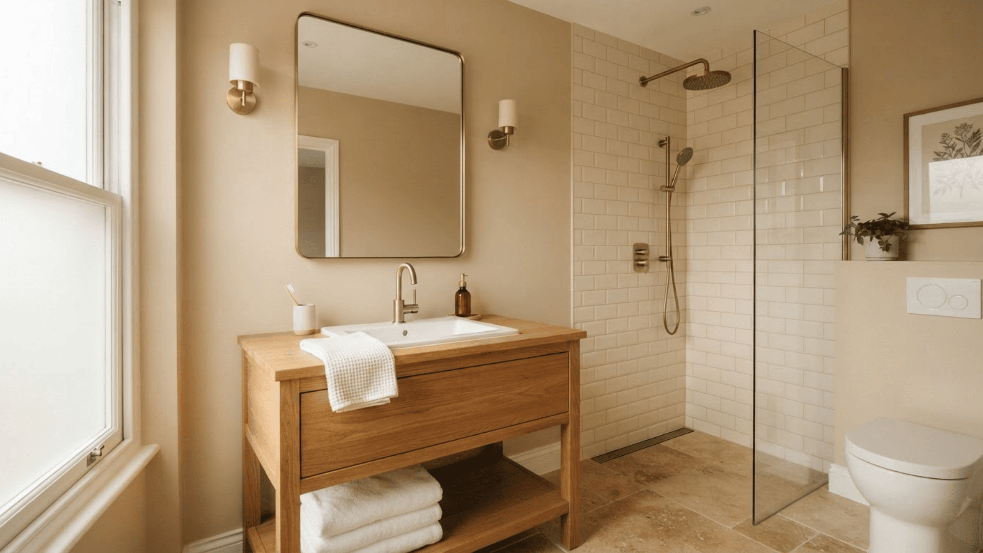 beige bathroom with oak vanity, cream shower tile, brass fixtures, and warm light