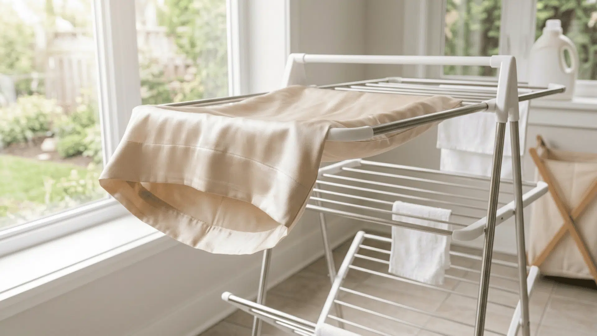 Beige pillowcase drying flat on an indoor drying rack