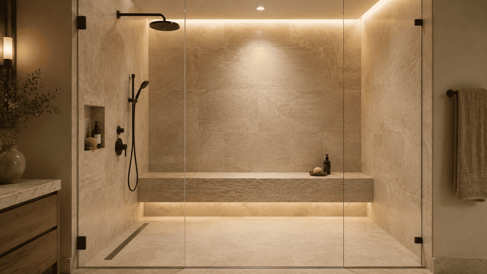 beige tiled walk-in shower with built-in bench and warm recessed lighting