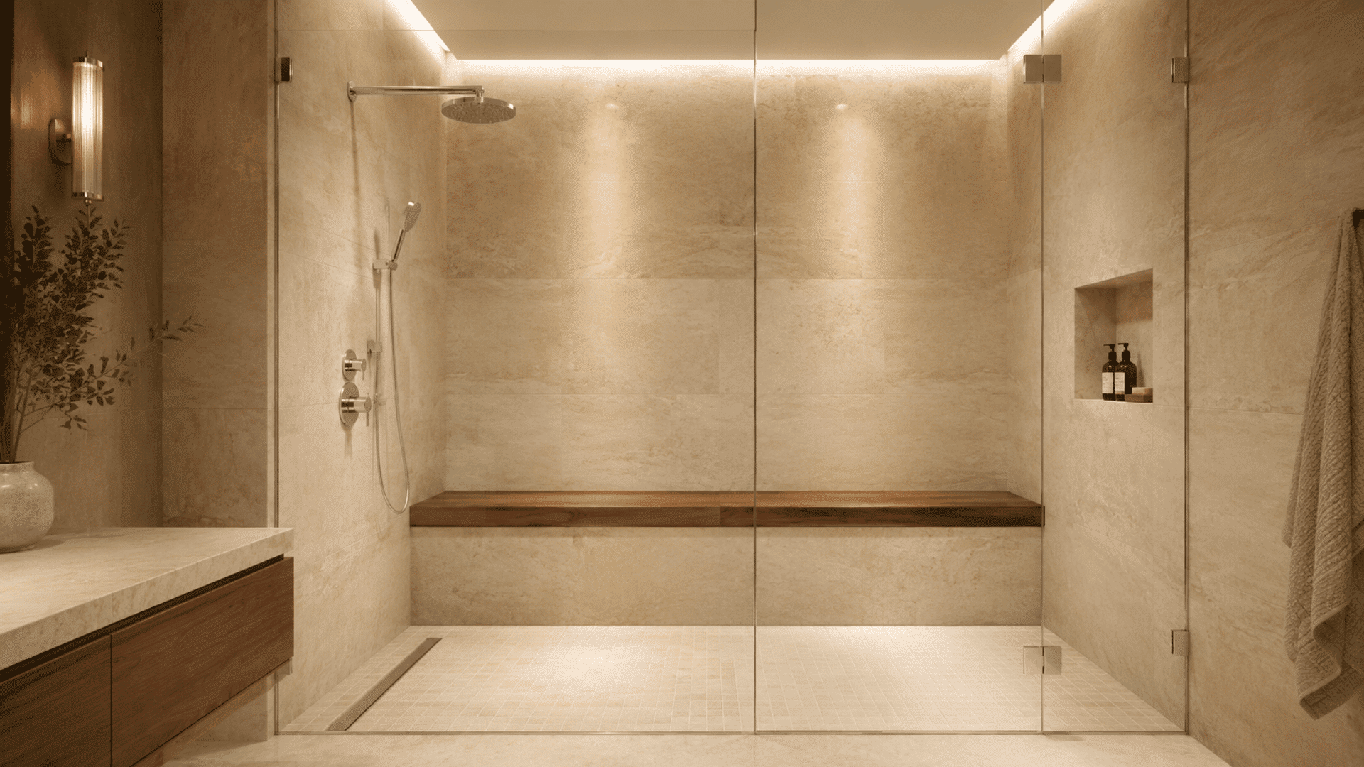 beige walk-in shower with floating bench, black fixtures, and glass enclosure