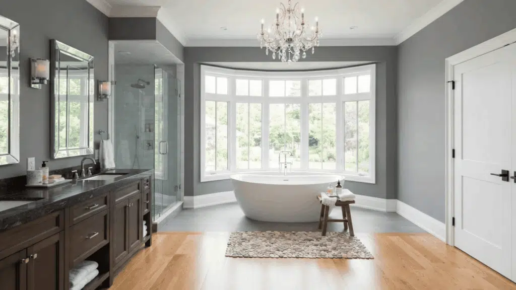 gray bathroom with dark wood vanity, freestanding tub, large windows and white trim