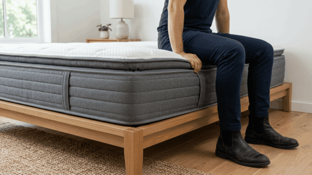 Affordable mattress options arranged on a wooden bed frame with clean bedroom styling.