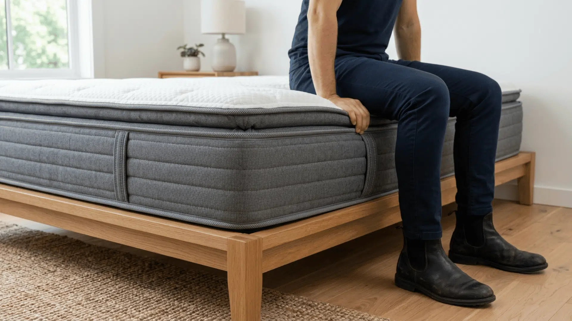 Affordable mattress options arranged on a wooden bed frame with clean bedroom styling.