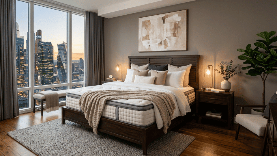 Supportive mattress in a modern bedroom overlooking a city skyline