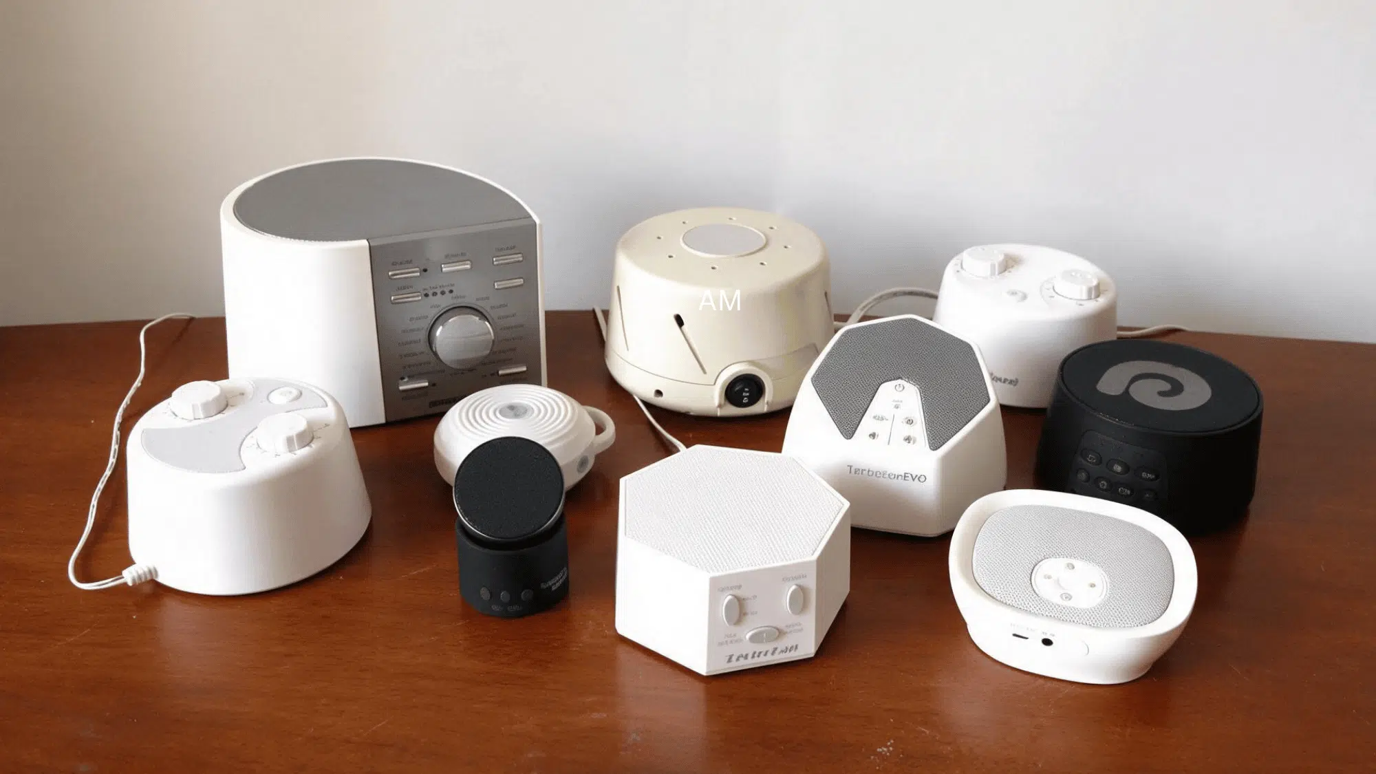 eight white noise machines for sleep in different shapes on a wooden table