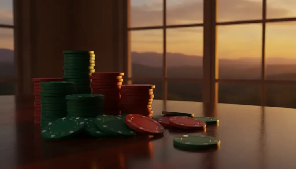 Poker chips stacked on a wooden table with sunset view through large windows