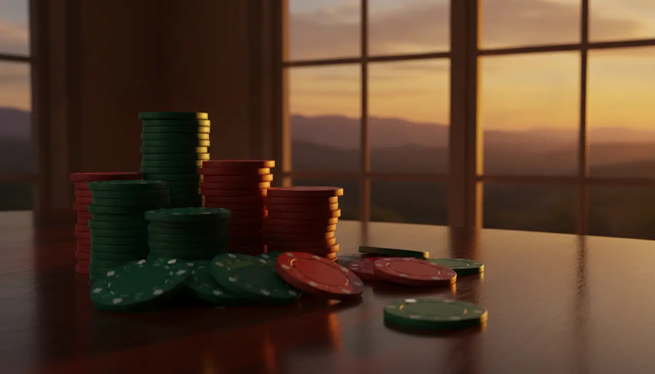 Poker chips stacked on a wooden table with sunset view through large windows