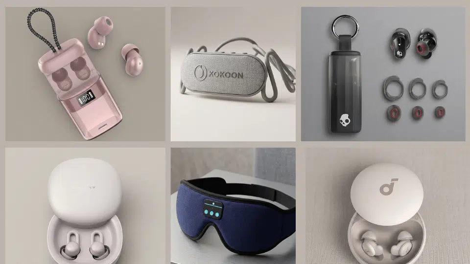 collage of sleep earbuds, charging cases, and a Bluetooth sleep mask for nighttime comfort