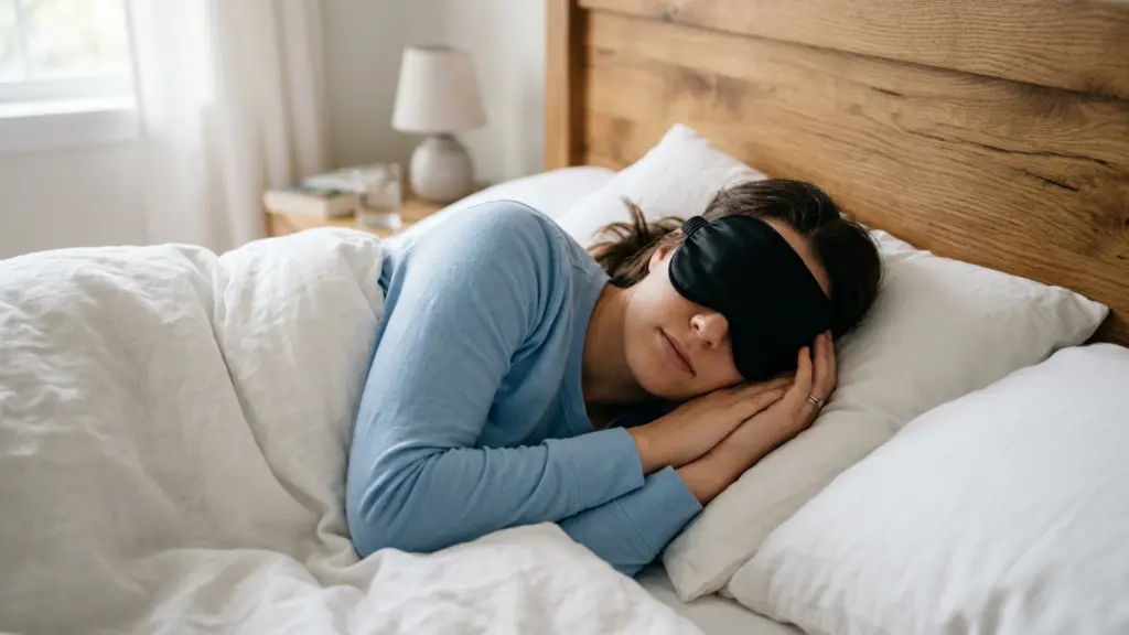 woman sleeping on her side wearing a black sleep mask under white bedding in a softly sunlit bedroom