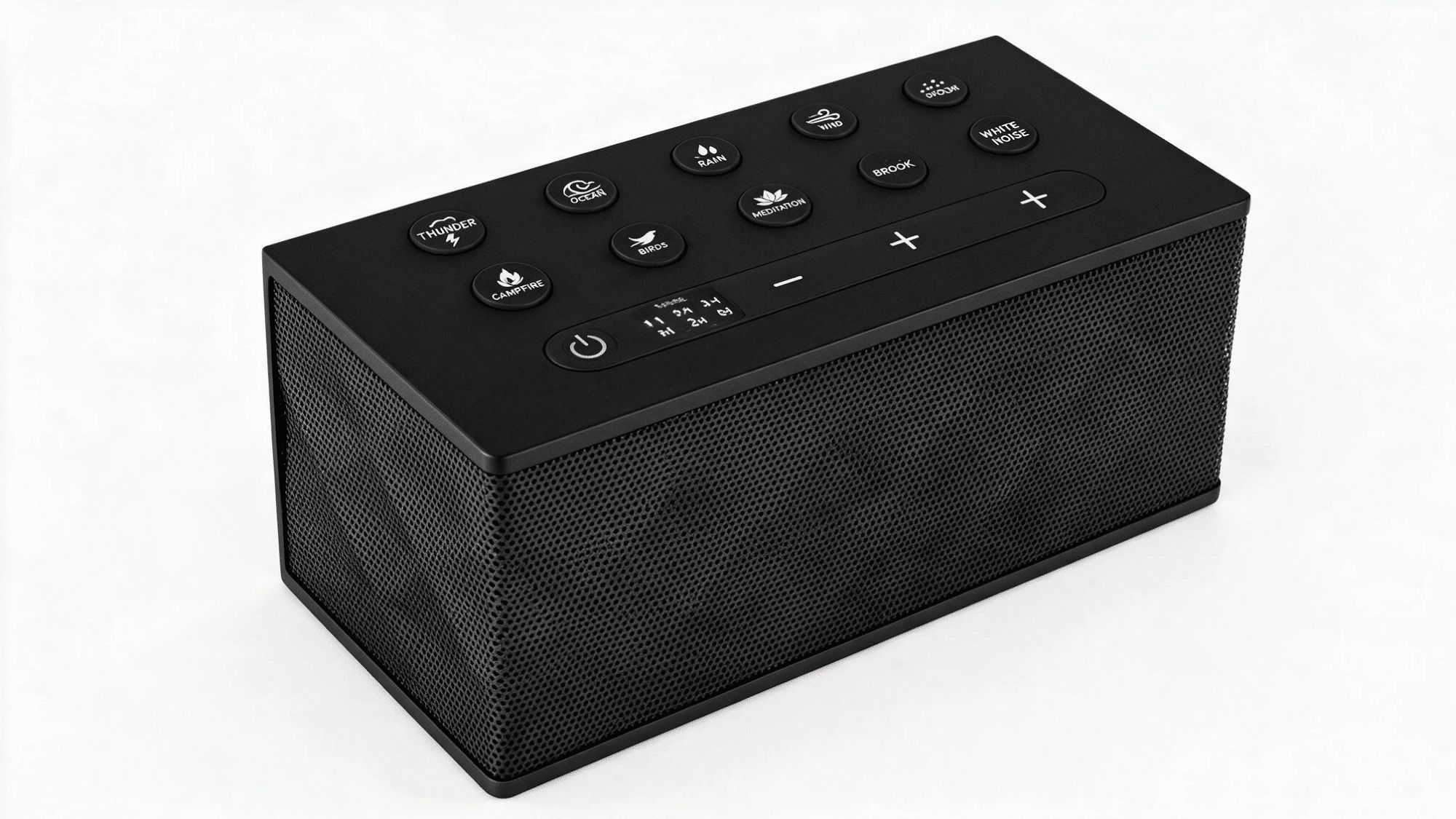 big red rooster white noise machine with rectangular design, sound buttons, speaker grille, and multiple audio controls on a clean background