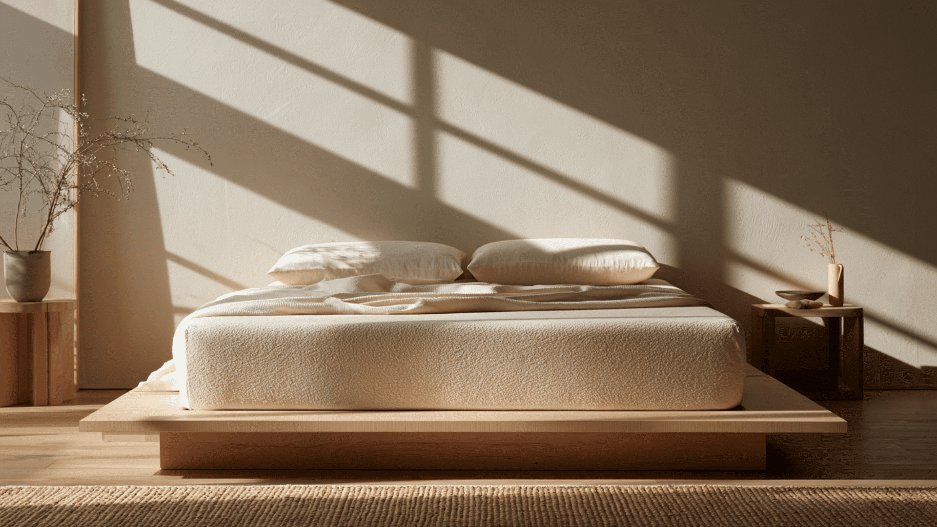 Birch Natural latex mattress on a wooden platform bed in a calm, bright bedroom setting.