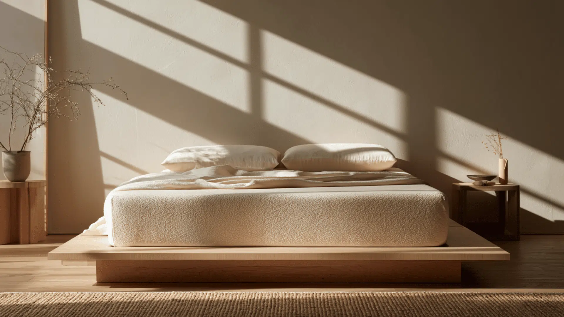 Birch Natural latex mattress on a wooden platform bed in a calm, bright bedroom setting.