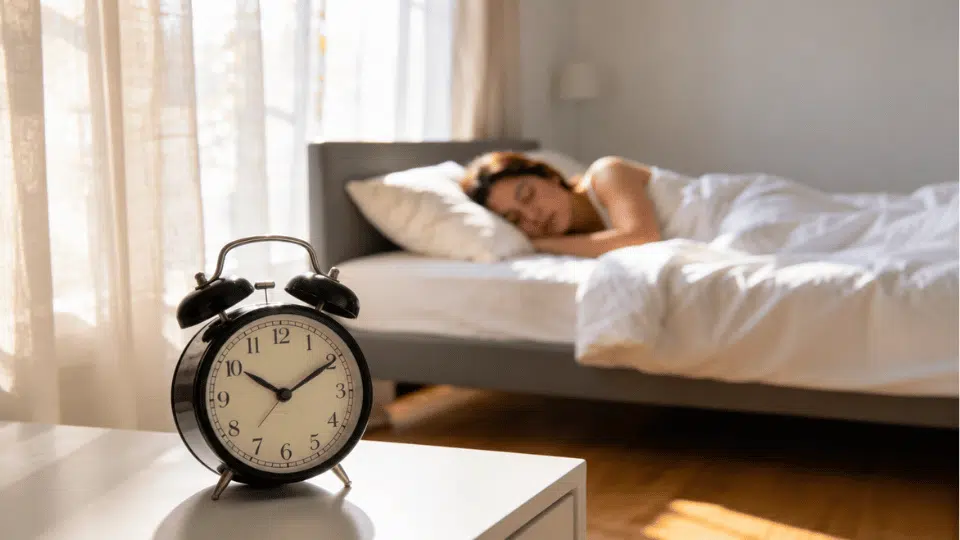 Black vintage alarm clock on a bedside table with a sleeping woman blurred in the background