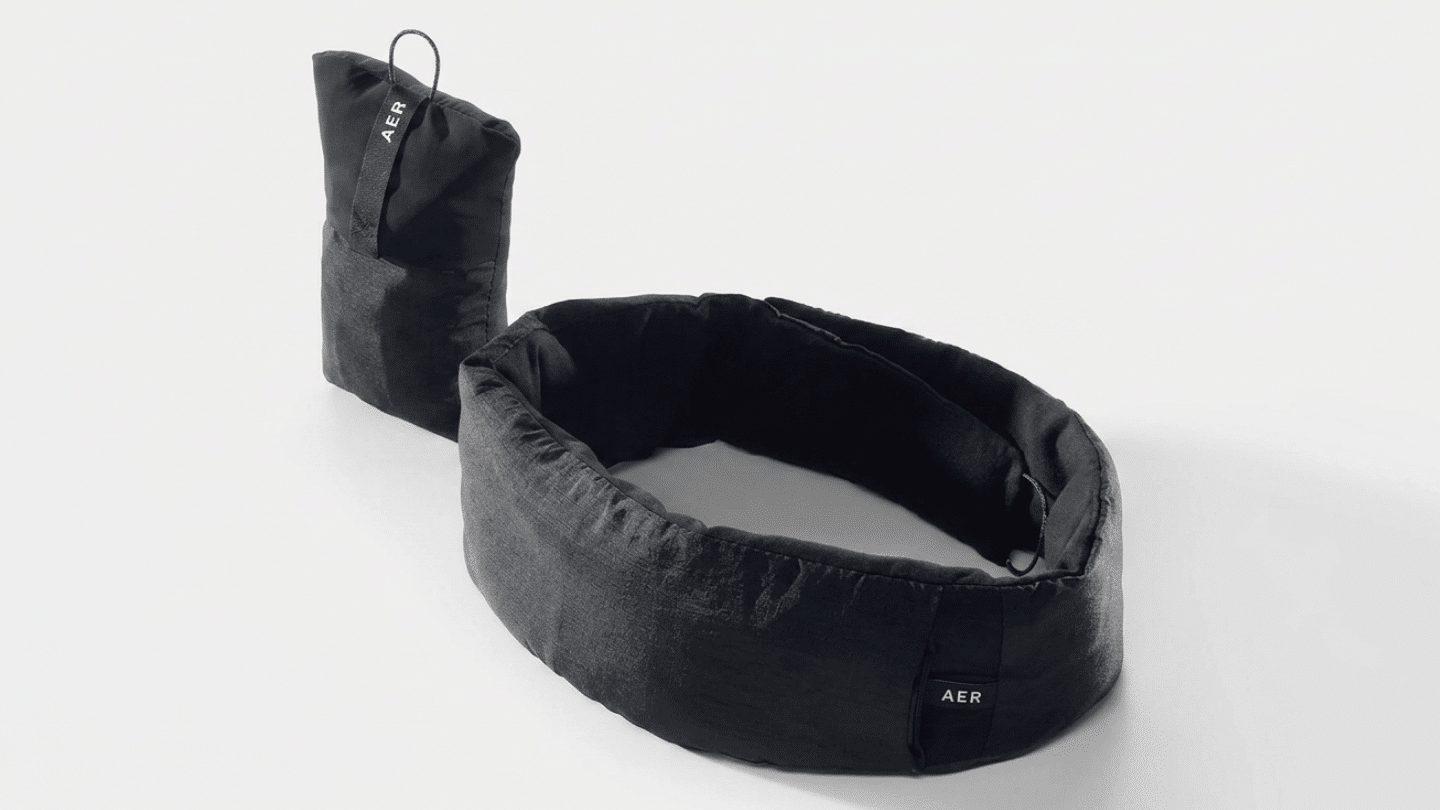 black Matador travel sleep mask with padded wraparound design and compact storage pouch for journeys