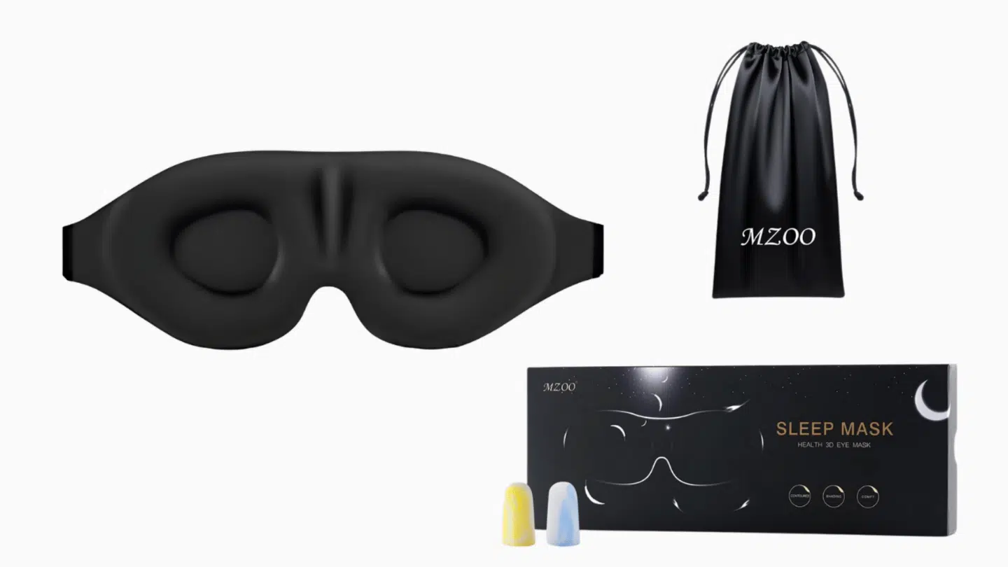 black MZOO contoured sleep mask with a storage pouch, earplugs, and retail box on a white background