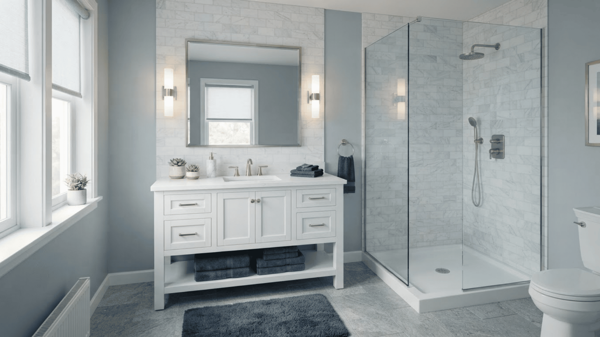 blue-gray bathroom with white vanity, marble shower, and cool gray flooring