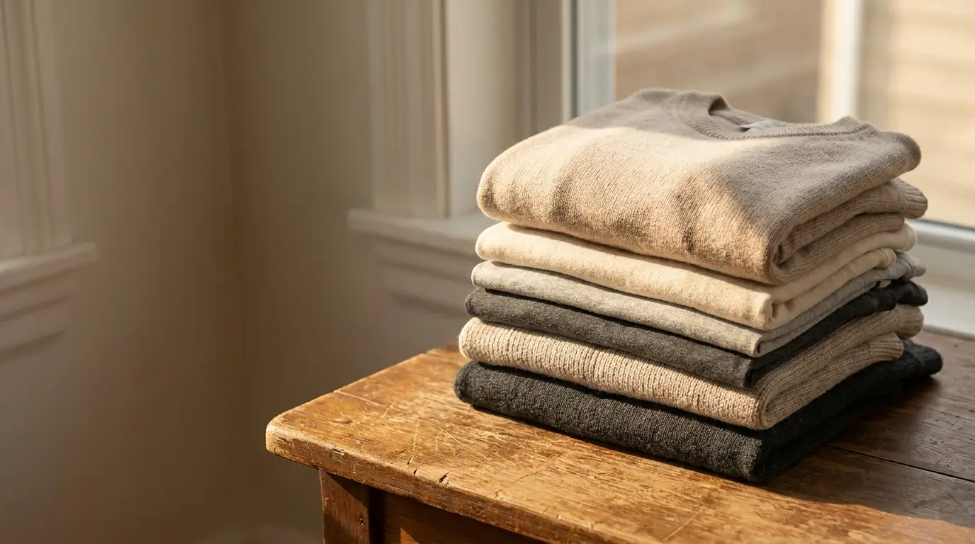 Stack of folded sweaters in neutral tones on wooden table by window